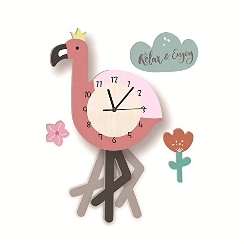 SWECOMZE Kinder-Wanduhr, Wanduhr aus Holz, Uhr ohne Tickgeräusche, Lautlos Uhrwerk, Kinderuhr, Wanddeko für das Kinderzimmer (Flamingo) von SWECOMZE