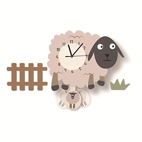 SWECOMZE Kinder-Wanduhr, Wanduhr aus Holz, Uhr ohne Tickgeräusche, Lautlos Uhrwerk, Kinderuhr, Wanddeko für das Kinderzimmer (Schafe) von SWECOMZE