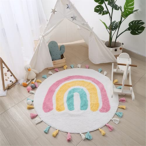 SWECOMZE Kinderteppiche Regenbogen Teppiche Flauschige Runden Groß Schutzmatten Kindermatte fürs Babyzimmer Kleinkinderzimmer Wohnzimmer 110 * 110cm von SWECOMZE
