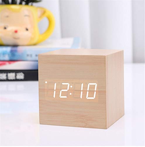 SWECOMZE LED Digital Wecker, Holz Würfel Uhr, Holzuhr Tischuhr, Wecker aus Holz, Sprachaktiviert Würfel-Digitaluhr für Schlafzimmer (Natur) von SWECOMZE