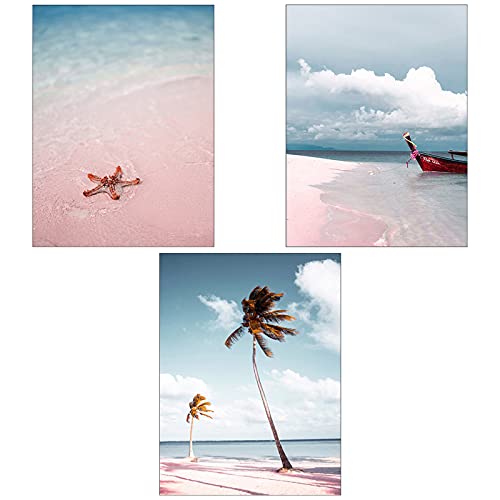 SWECOMZE Moderne Poster Set - 3 Bilder Wohnzimmer Deko Schlafzimmer - Rosa Strand wandbild,wandposter ohne Rahmen (Stil A,50 x 70 cm) von SWECOMZE