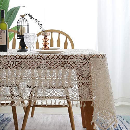 SWECOMZE Spitze Tischdecke Handarbeit Aushöhlen Rechteck Tischdecke 100% Baumwolle Vintage Spitzeauflage Boho Hochzeit Tisch Dekor (A,100 * 140cm) von SWECOMZE