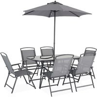 Sweeek - Garten-Essgruppe aus Stahl mit Tisch, 6 Sesseln und Sonnenschirm - Grau von SWEEEK