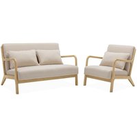2-Sitzer Bank + Sessel aus Holz mit Bezug in beige - Sweeek von SWEEEK