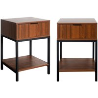Sweeek - 2er-Set Nachttische mit Nussbaumholzdekor und schwarzem Metall 1 Schublade von SWEEEK