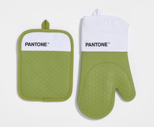 Pantone™ Küchenset mit Ofenhandschuh und Topflappen, aus Baumwolle mit rutschfestem Silikongriff, nützliches Küchenzubehör, hitzebeständig bis 250 °C, Weiß/Hellgrün von SWEET HOME