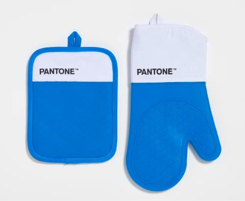 Pantone™ – Set bestehend aus Ofenhandschuh + Topflappen, aus Baumwolle mit rutschfestem Silikongriff, nützliches Zubehör für die Küche, hitzebeständig bis 250 °C, weiß/blau von SWEET HOME