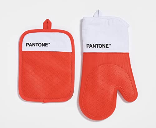 Pantone™ Kochset bestehend aus Ofenhandschuh + Topflappen, aus Baumwolle mit rutschfestem Silikongriff, nützliches Küchenzubehör, hitzebeständig bis 250 °C, Weiß/Rot von SWEET HOME