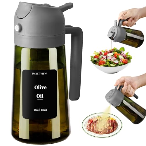 SWEET VIEW Olivenölspender und Ölsprüher – 470 ml Glas, lichtdichter Ölausgießer für Küche, Luftfritteuse, Kochen, Salat und BBQ von SWEET VIEW