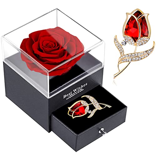 Rote Rose Geschenkbox – SWEETIME verzauberte echte Rose mit Rubin-Rosen-Brosche, ewige Rose in Schmuckschatulle, handgefertigte konservierte Rose, Geschenk für sie zum Muttertag, Jahrestag. von SWEETIME