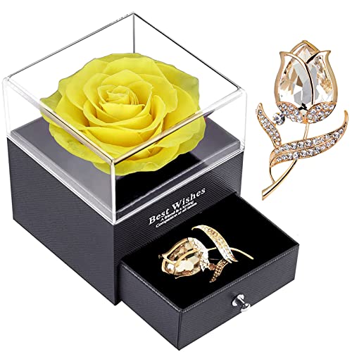 SWEETIME Echte konservierte Rose Geschenkbox für Freundin und Ehefrau, nie verwelkte Rose mit Brosche, handgefertigte ewige ewige gelbe Rose für sie am Valentinstag, Muttertag. von SWEETIME