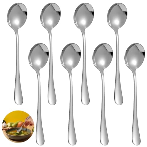 8-teiliges Suppenlöffel-Set aus Edelstahl, ergonomischer runder Kopf, Haferflockenlöffel, langer Griff, ideal zum Servieren von flüssigen Lebensmitteln bei Buffets und Versammlungen von SWEWARM