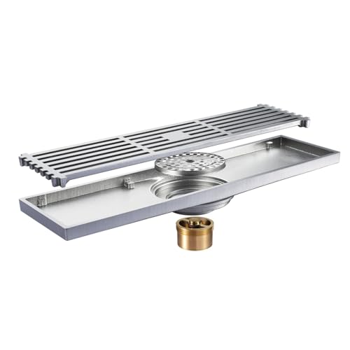 Duschrinne 30cm Komplettset,Vergitterter Duschrinne extra flach,Alles Kupfer Bodenablauf,Rechteckige Duschablauf,Siphon mit Geruchsstop,Haarsieb,für Bad, Dusche von SWHC