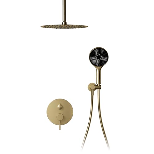 Duschsystem,Gebürstetes Gold Duschset,Handbrause und Deckenbrause mit 3 Strahlarten,Duschgarnitur,Duschset für Dusche,Mit 1,5m PVC-Schlauch,Runder Duschkopf mit 40 cm Durchmesser (Große Größe 40 cm) von SWHC