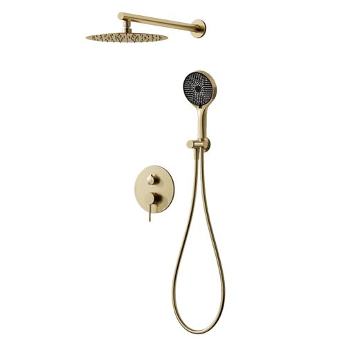 Duschsystem,Duschgarnitur,Duschset für Dusche,Duscharmaturenset Regendusche,Gebürstetes Gold Duschset,mit 30 cm Regenduschkopf und 3 Funktions Handbrause aus Silikon von SWHC