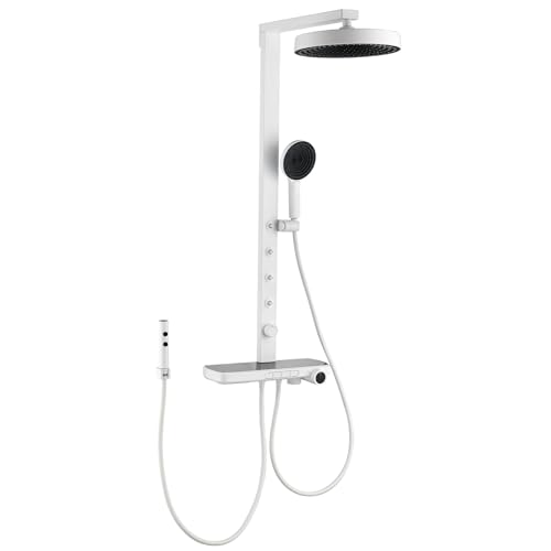 Duschsystem Mit Armatur, Edelstahl Regendusche, Duschsystem Thermostat, 4 Strahlarten, Höhenverstellbar Handbrause、Spritzpistole、 Wasserhahn Und Rund Regendusche. (White) von SWHC