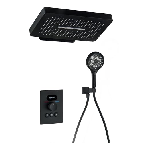 Duschsystem Mit LED Display,Duschset Duschsäuleset Mit Thermostat Inkl,Handbrause Mit 3 Strahlstärken,Regendusche Unterputz Duschset Wandmontiert Duscharmatur Komplettset Mit Duschkopf von SWHC