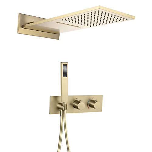 Duschsystem Unterputz Set, Gebürstetes Gold BRegendusche Wandhalterung Brausegarnitur Duschset mit Duschkopf, Handbrause, 150cm Brauseschlauch, Embedded-Box von SWHC