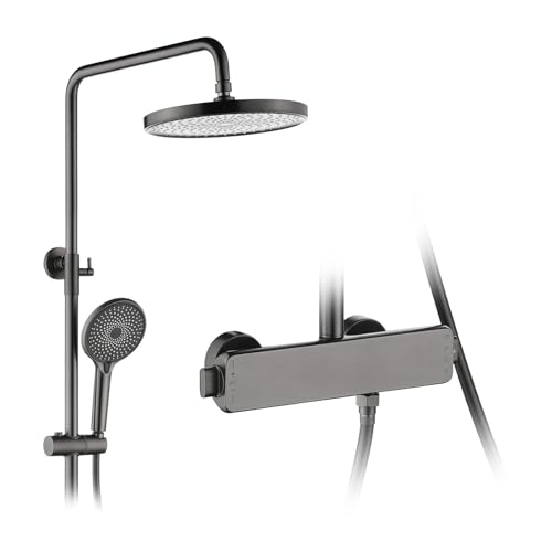 Duschsystem mit 40° Thermostat, Überkopfbrause Set mit Wasserfall-Auslauf, Duscharmatur Komplettset mit 3 Strahlarten Handbrause und PVC Duschschlauch, Verstellbarer Duschstange von SWHC