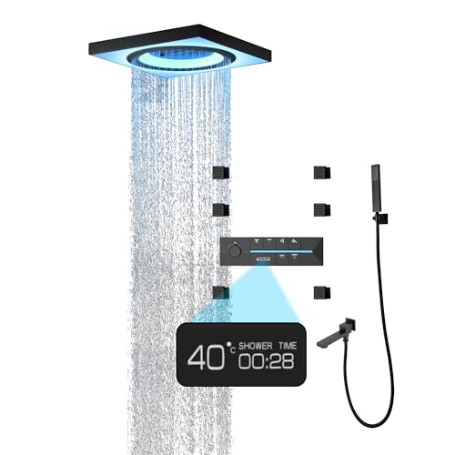 Duschsystem mit Thermostat, Multifunktionales Unterputz Dusche, Handbrause Mit 3 Funktionen, 64 Farben LED Bluetooth Duschset Duscharmatur Set, 6pcs Massage-Seiten-Spray von SWHC
