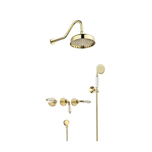 SWHC Duschsystem, Duschset, Duscharmatur Set, Überkopfbrause Set, Retro Gold Duschset Mit 8" Regendusche, Handbrause Kopf, Wand Montiert Duschset Duscharmatur Komplettset von SWHC