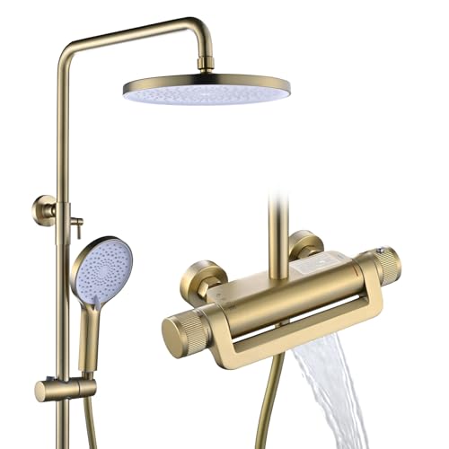 SWHC Duschsystem, Edelstahl Duschsystem Thermostat, Höhenverstellbar Regendusche, Ausgestattet Mit Einem Runden Duschkopf, Einer Handbrause Drei Strahlarten Und Einem Wasserhahn. von SWHC