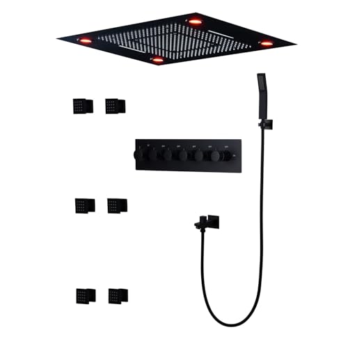 SWHC Duschsystem,Unterputz Duschsystem,Regendusche Mit Thermostat,800 X 600 Mm Duschset Mit 3 Funktionen,LED Duschset Mit 6 Pcs Massage Seite Spray,Handbrause,Wasserhahn,Messing, von SWHC