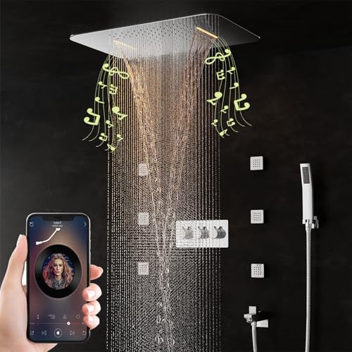 SWHC Duschsystem Musik Unterputz, Luxus Musik LED 64 Farben Duscharmatur Komplettset, Regendusche mit 2 Strahlarten, Duschset Messing mit 6 Körperdüsen, Handbrause und Wasserhahn Auslauf von SWHC
