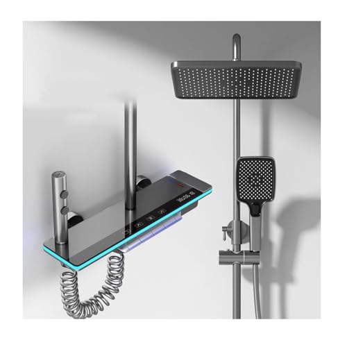 SWHC Duschsystem mit Thermostat, LED Digitale Duscharmatur Komplettset Wandmontiert Dusche Regendusche Set 4 Funktionen Duschset Regendusche Messing Duschgarnitur mit Regendusche, Handbrause, Grau SWHC Duschsystem mit Thermostat, LED Digitale Duscharmatur Komplettset Wandmontiert Dusche Regendusche Set 4 Funktionen Duschset Regendusche Messing Duschgarnitur mit Regendusche, Handbrause, Grau von SWHC