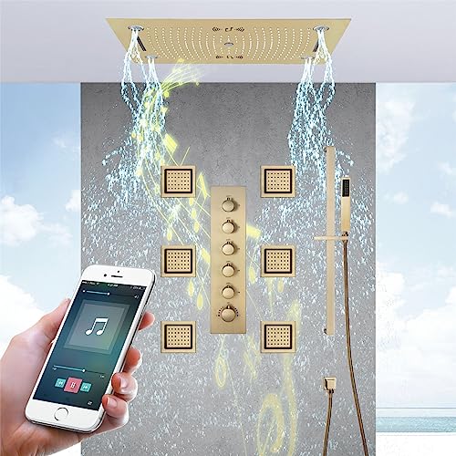SWHC Duschsystem mit Thermostat, LED Duschsystem Unterputz Duschset Musik Gebürstetes Gold Dusche Regendusche Set mit 700 * 405mm Duschkopf, Handbrause, 6 pcs Massage Seite Spray SWHC Duschsystem mit Thermostat, LED Duschsystem Unterputz Duschset Musik Gebürstetes Gold Dusche Regendusche Set mit 700 * 405mm Duschkopf, Handbrause, 6 pcs Massage Seite Spray von SWHC