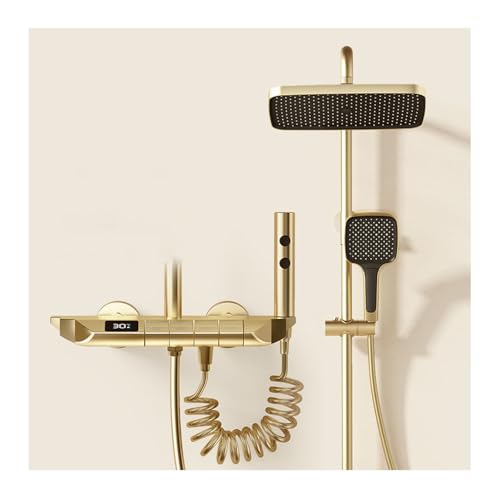 SWHC Duschsystem mit Thermostat Gold, LED Digitale Duscharmatur Komplettset Messing Dusche Regendusche Set 4 Funktionen Duschset Regendusche Duschgarnitur mit Regendusche, Badewannenarmatur SWHC Duschsystem mit Thermostat Gold, LED Digitale Duscharmatur Komplettset Messing Dusche Regendusche Set 4 Funktionen Duschset Regendusche Duschgarnitur mit Regendusche, Badewannenarmatur von SWHC