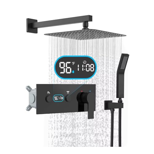 SWHC Duschsystem mit Thermostat Schwarz, LED Digital Unterputz Duscharmatur Set Wandmontage Duscharmatur Komplettset 2 Funktionen Dusche Regendusche Set mit 25cm Regendusche, Handbrause SWHC Duschsystem mit Thermostat Schwarz, LED Digital Unterputz Duscharmatur Set Wandmontage Duscharmatur Komplettset 2 Funktionen Dusche Regendusche Set mit 25cm Regendusche, Handbrause von SWHC