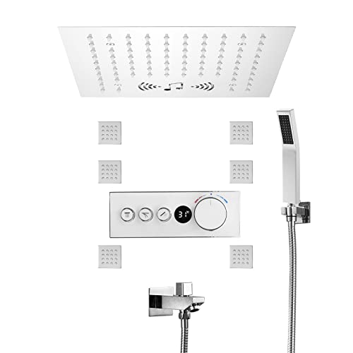 SWHC Musik Duschsystem Unterputz 64 Farben LED Digitaler Bildschirm Duschsystem mit Thermostat 300 * 300mm Duscharmatur Set mit Handbrause 6 KöRperdüSen und Badewannenarmatur SWHC Musik Duschsystem Unterputz 64 Farben LED Digitaler Bildschirm Duschsystem mit Thermostat 300 * 300mm Duscharmatur Set mit Handbrause 6 KöRperdüSen und Badewannenarmatur von SWHC