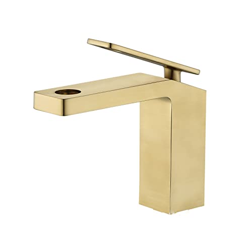 SWHC SWHC Wasserhahn Bad, Einhebelmischer Messing Wassersparend Waschtischarmatur, L Form Gebürstetes Gold Mischbatterie Armatur mit Keramischem Ventilkern und Belüfter Einfache Montage von SWHC