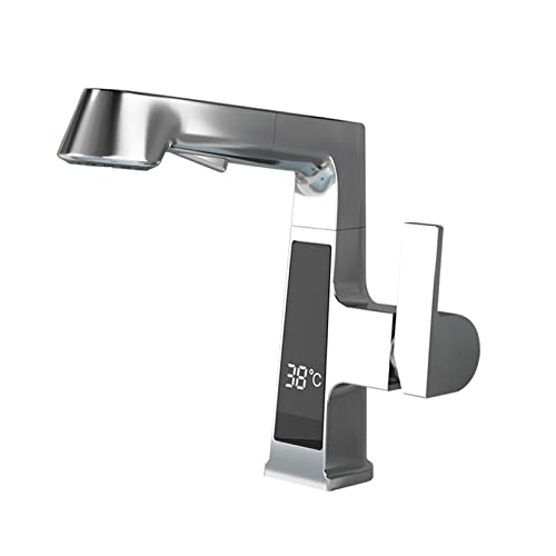 SWHC Wasserhahn Bad, 360 ° Drehbare Waschtischarmatur Digitalanzeige Armatur Waschbecken Spültischarmatur mit 3 Strahlarten Anhebbarer Waschtischarmaturen Wasserhahn Ausziehbar,Chrome von SWHC