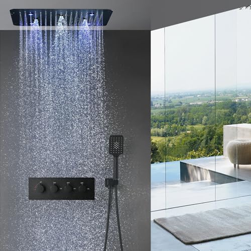 Unterputz Duscharmatur Set Schwarz LED Duschsystem Unterputz mit Thermostat Duschset Unterputz Dusche Regendusche Set Duschgarnitur mit Regendusche mit Armatur Messing, Handbrause 3 Modi von SWHC