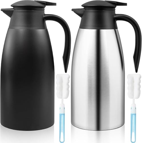 2 Stück Thermokanne Isolerkanne 2 Liter, 304 Edelstahl Isolierte Isolierkanne, 24 Stunden Wärmedämmung, für Kaffee, Tee, Wasser, Getränk, Warmhaltekanne (Silber, Schwarz) von SWHCM
