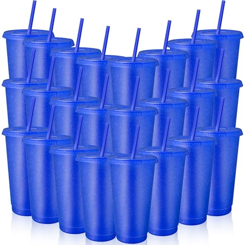 24 Stück Plastikbecher mit Deckeln und Strohhalmen, 710 ml Glitzer Iced Kaffee Becher, Wiederverwendbar Kunststoffbecher für Smoothies, Säfte, Geburtstagsfeiern - Partyzubehör (Dunkelblau) von SWHCM