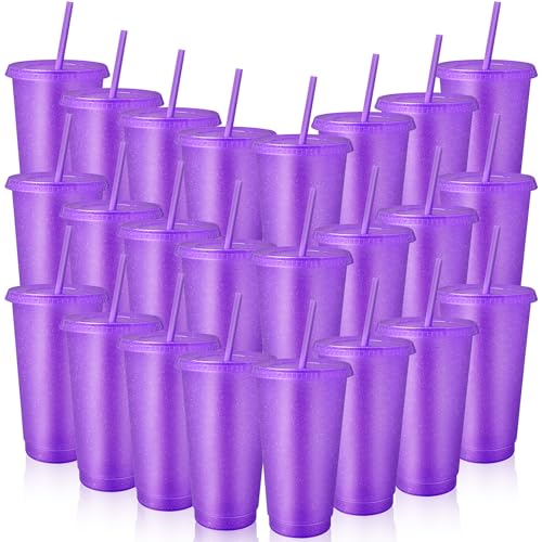 24 Stück Plastikbecher mit Deckeln und Strohhalmen, 710 ml Glitzer Iced Kaffee Becher, Wiederverwendbar Kunststoffbecher für Smoothies, Säfte, Geburtstagsfeiern - Partyzubehör (Lila) von SWHCM