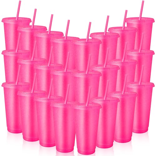 24 Stück Plastikbecher mit Deckeln und Strohhalmen, 710 ml Glitzer Iced Kaffee Becher, Wiederverwendbar Kunststoffbecher für Smoothies, Säfte, Geburtstagsfeiern - Partyzubehör (Rosenrot) von SWHCM