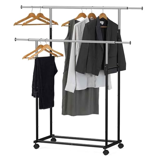 Kleiderständer Garderobenständer mit Rädern und Ablage, Clothes Drying Racks, Clothes Hanger Stand, Höhenverstellbare, Metall, Schwerlast, Schwarz, 77~122 X 38.1x 114~149 cm von SWHSWQ