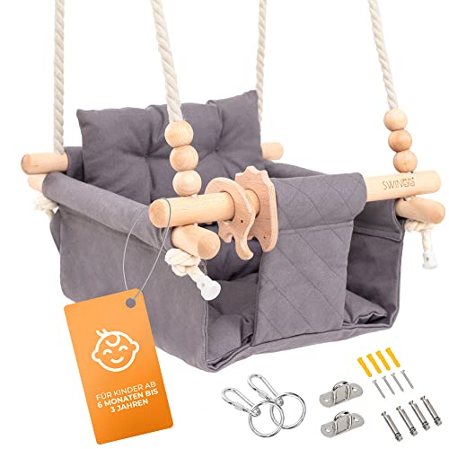 SWINGG® Babyschaukel Indoor Outdoor - Bequeme Baby Schaukel mit Sicherheitsgurt | stabiles Befestigungsset & Anti-Rutsch Sitzkissen | Türrahmenschaukel aus Holz & Baumwolle, Zertifiziert für EU von SWINGG