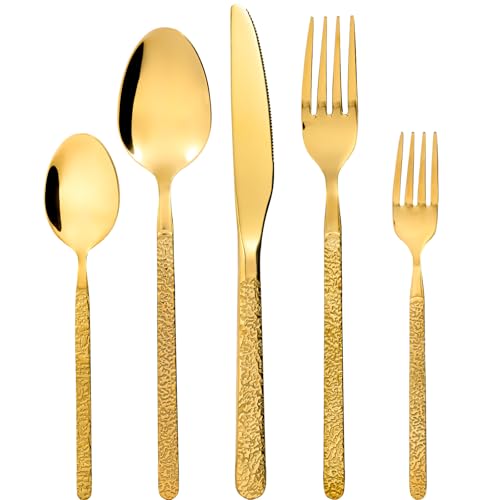 SWISON Besteck Set Gold für 12 Personen, Edelstahl Besteckset 60 teilig, Essbesteck mit Messer Gabel und Löffel, Vintage Design & SpüLmaschinenfest von SWISON