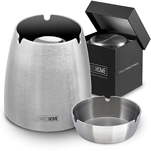 SWISSHOME® - Geruchsdichter XL Aschenbecher mit Deckel - 2 in 1 - für Drinnen & Draußen aus Edelstahl in Premium Geschenkbox von SWISSHOME