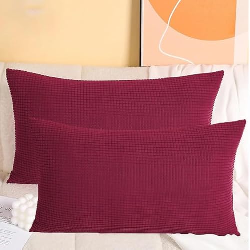 SWJ-swjssb Stretch Kissenbezüge Aus Kord - Quadratisch & Rechteckig, 2er Set Sofa Kissenbezug Mit Reißverschluss, Kissenhülle Für Kopfkissen, Zier - & Sofakissen(Burgundy,40x80 cm Set of 2) von SWJ-swjssb