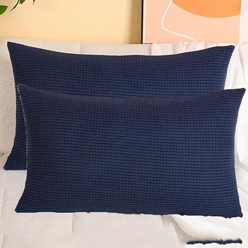 SWJ-swjssb Stretch Kissenbezüge Aus Kord - Quadratisch & Rechteckig, 2er Set Sofa Kissenbezug Mit Reißverschluss, Kissenhülle Für Kopfkissen, Zier - & Sofakissen(Navy Blue,55x75 cm Set of 2) von SWJ-swjssb