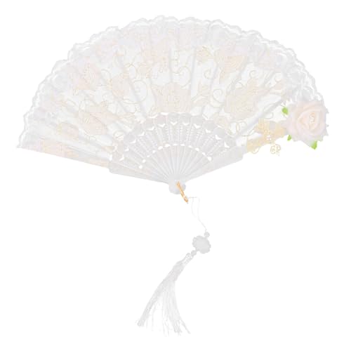 SWOOMEY Eleganter Vintage Spitzen Rosen Handfächer Dekorativ für Hochzeiten Partys Tanz Accessoire Tragbarer Weißer Spitzenfächer mit Rosenmuster Handlicher Faltventilator als von SWOOMEY