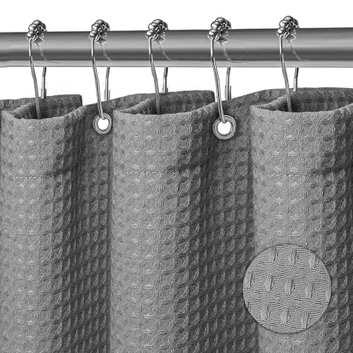 BULOVETE Duschvorhang Waschbar Textil Polyester Stoff Bad Vorhang mit 12 Duschvorhangringe Wasserdicht für Dusche und Badewanne 180 x 180 cm Waffel Grau von SWOYYU