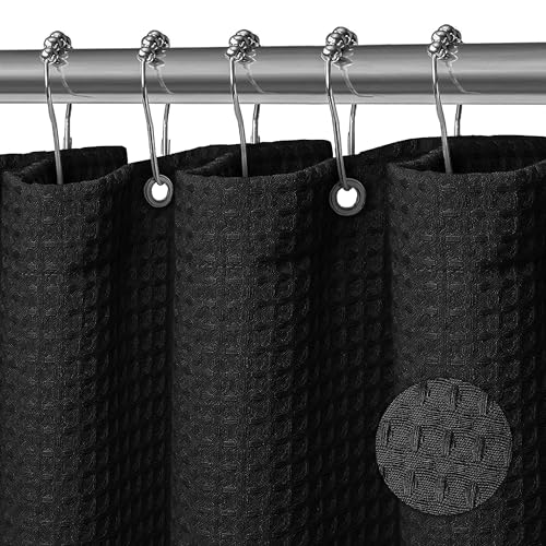 BULOVETE Duschvorhang Waschbar Textil Polyester Stoff Bad Vorhang mit 12 Duschvorhangringe Wasserdicht für Dusche und Badewanne 180 x 180 cm Waffel Schwarz von BULOVETE