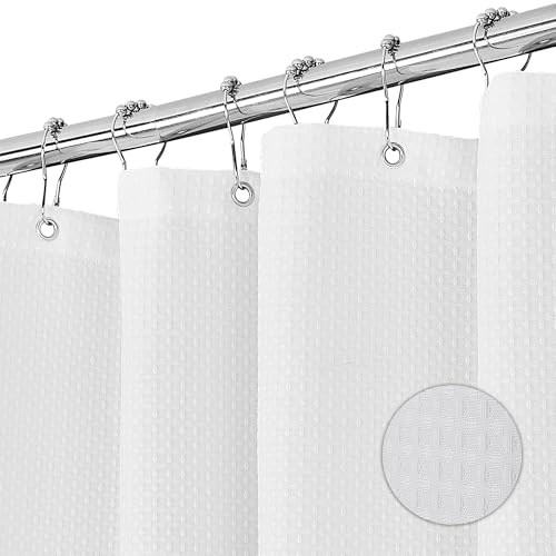 SWOYYU Duschvorhang Waschbar Textil Polyester Stoff Bad Vorhang mit 12 Duschvorhangringe Wasserdicht für Dusche und Badewanne 180 x 180 cm Waffel Weiß von SWOYYU